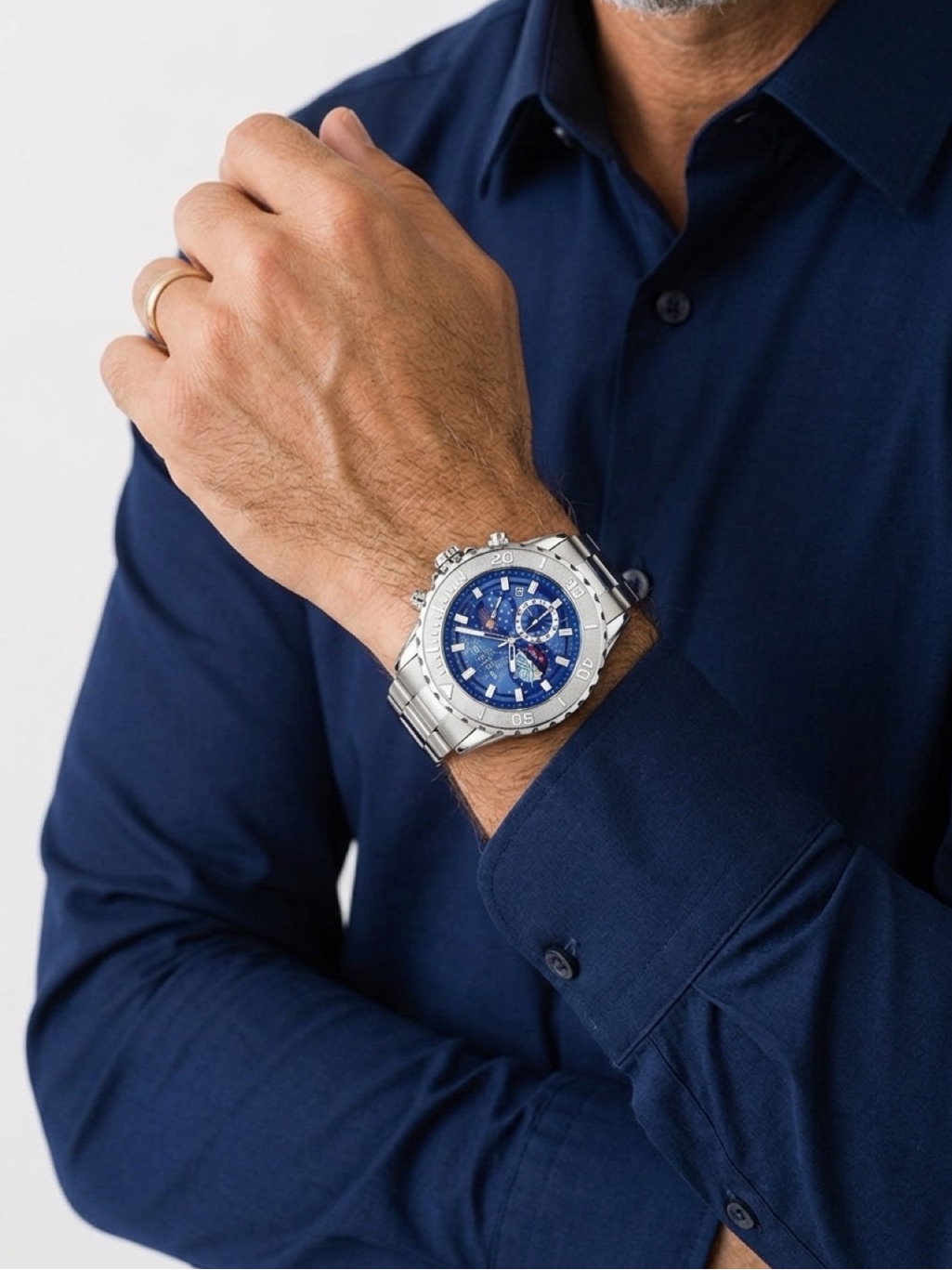 Mens Silver Stainless Steel Chronograph Watch With Blue Dial